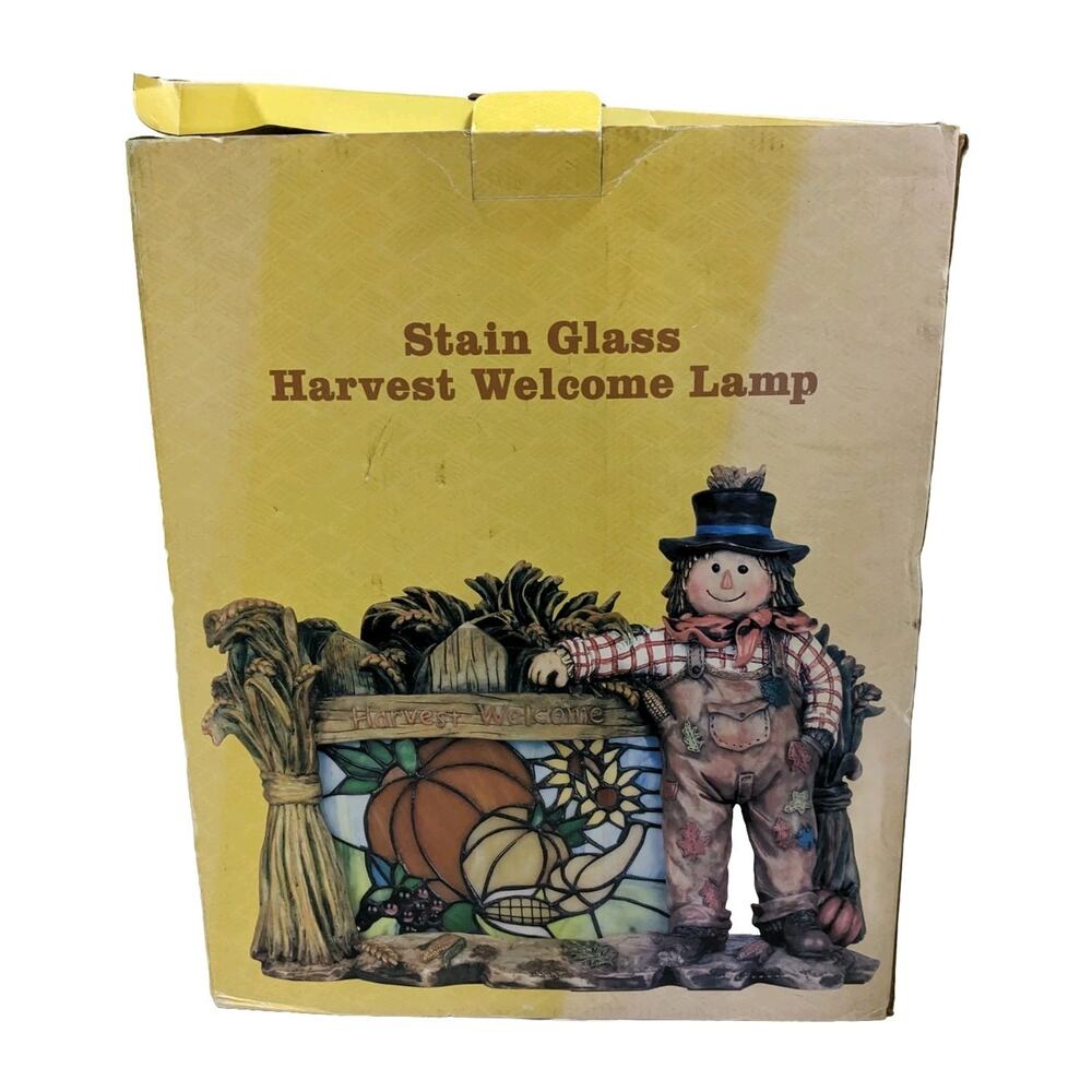 Stained Glass Lamp Light Harvest Welcome Scarecrow Autumn Fall Home Decor Vtg